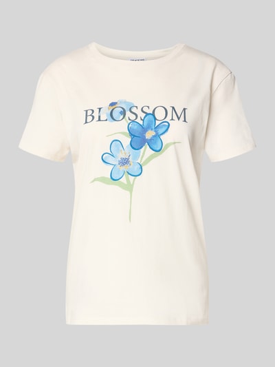 Produktfoto, T-Shirt mit Motiv-Print und Rundhalsausschnitt von Jake*s Casual aus reiner Baumwolle, Regular Fit, cremefarben mit blauem Blumenprint
