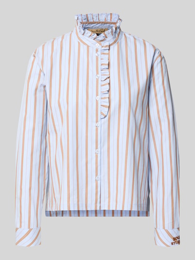 Produktfoto, Regular Fit Bluse mit Stehkragen und Rüschen von Smith and Soul, reine Baumwolle, gestreiftes Muster in Weiß-Blau-Beige, Knopfleiste, Allover-Look