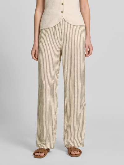 Frauenmodel trägt Wide Leg Leinenhose mit Tunnelzug von Marc O'Polo, Optik:Allover-Muster, Gestreift, Passform: Wide Leg, Material: Leinen, Ganzkörperansicht von vorne.