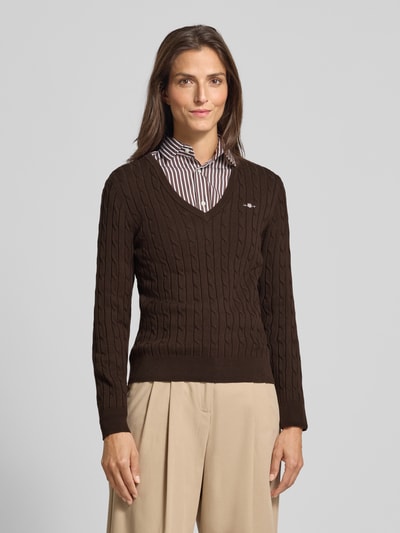 Gant Strickpullover mit V-Ausschnitt und Logo-Stitching Mittelbraun 4