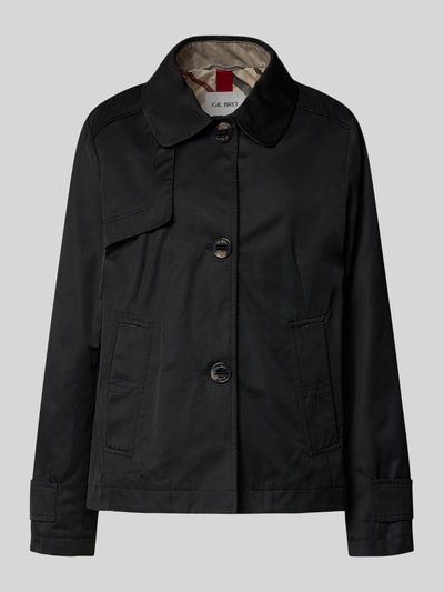 Produktfoto, Jacke mit Umlegekragen und Eingrifftaschen von Gil Bret aus schwarzem Baumwoll-Mix, Regular-Fit, sichtbare Knopfleiste, glatte Oberfläche, lockere Form, Eingrifftaschen seitlich, neutrale Textur, Damen Jacke, Rückenlänge 65 cm, Schulterbreite 40 cm, Brustweite 49 cm, Ärmellänge 65 cm, Größe 36