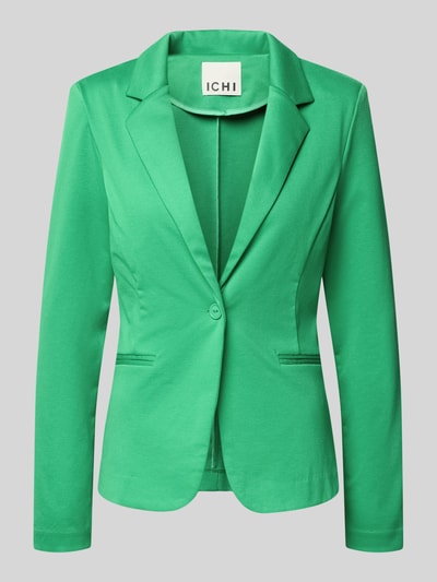 Produktfoto, Regular Fit Blazer mit Viskose-Anteil Modell 'Kate' von ICHI in leuchtendem Grün mit Reverskragen, Paspeltaschen, Knopfverschluss, taillierter Passform und Elastischer-Material-Mix.