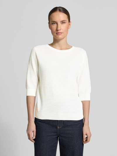 Kobiece modelka nosi sweter z dzianiny z rękawem o dł. 3/4 Lanius, bawełna, krój regular fit, okrągły dekolt, widok z przodu, długość tyłu w rozmiarze 36: 55 cm, długość rękawów: 38 cm