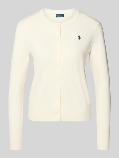 Produktfoto, Regular Fit Strickjacke aus Baumwoll-Mix von Polo Ralph Lauren in Creme mit Logo-Stitching, Rundhalsausschnitt und Knopfleiste.