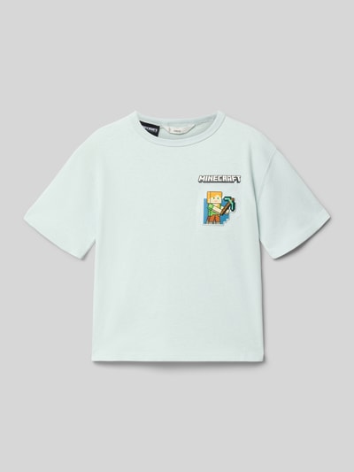 Produktfoto, T-Shirt mit Motiv-Print von Mango in hellem Mint, aus reiner Baumwolle, Regular-Fit, gerippter Rundhalsausschnitt, Rückseite 43 cm bei Größe 116, Minecraft-Motiv auf der Brust.