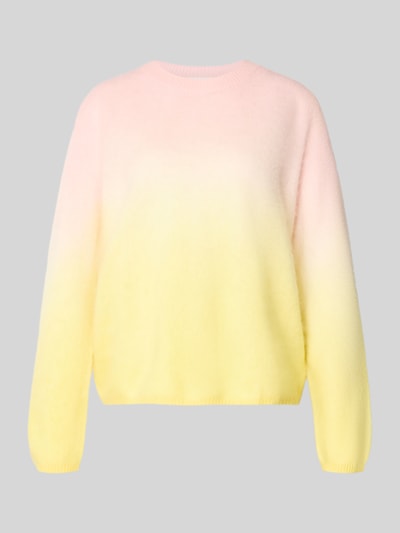 Produktfoto, Regular Fit Pullover aus Kaschmir-Mix in Strick-Optik von HERZENS in sanftem Farbverlauf von Rosa zu Gelb, Rundhalsausschnitt, elastische Abschlüsse, Rückenlänge 59 cm, Ärmellänge 54 cm, Woll-Anteil.