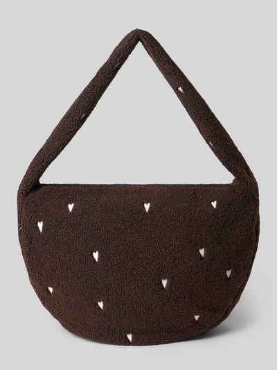Produktfoto, Bauchtasche aus Teddyfell von Studio Noos, ciemnobrązowa saszetka nerka z Futerko, Wyhaftowany motyw serca, szeroki pasek na ramię, Główna przegroda z zamkiem błyskawicznym, Przegródka wewnętrzna zapinana na zamek błyskawiczny, Szerokość w rozmiarze 1: 58 cm, Długość w rozmiarze 1: 38 cm, Głębokość w rozmiarze 1: 11 cm, długość paska: 76 cm