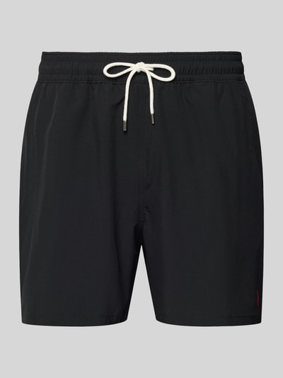 Produktfoto, Badehose mit Mesh-Einsatz von Polo Ralph Lauren Underwear in Schwarz, elastischer Bund mit Tunnelzug, seitliche Taschen, Label Patch
