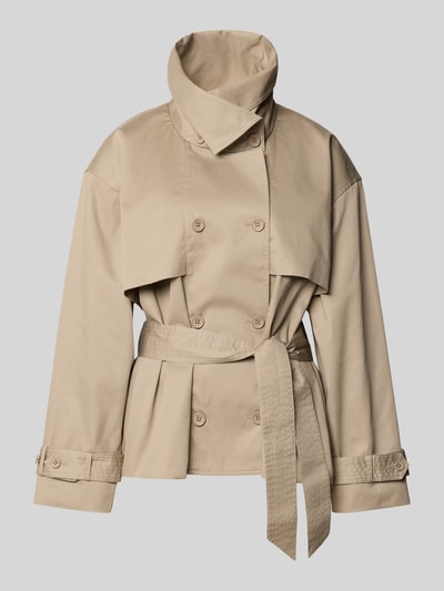 Produktfoto, korte trenchcoat met katoenmix van ROTATE, materiaalmix, getailleerde pasvorm, dubbele knoopsluiting, tailleband, verstelbare mouwsluitingen, ruglengte maat 36: 69 cm, borstwijdte 53 cm, mouwlengte 58 cm