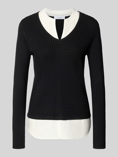 Produktfoto, Longsleeve aus Viskose-Mix in Strick-Optik von comma, zwart met wit, nauwsluitend, tricotlook, V-hals, contrastdetails, dames, ruglengte maat 36: 66 cm, mouwlengte maat 36: 83 cm