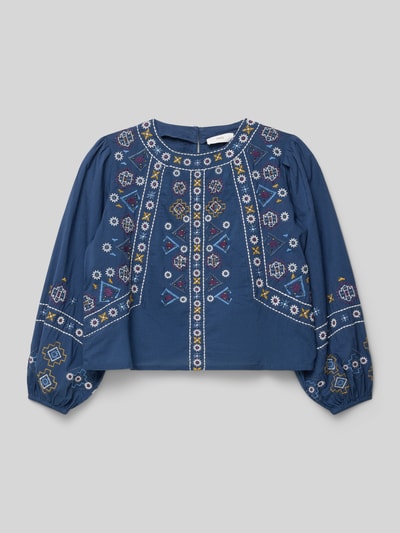 Produktfoto, blaue Kinder Bluse mit bunten Stitchings aus reiner Baumwolle, Regular Fit, Rundhalsausschnitt, Modell 'RANIA' von Mango