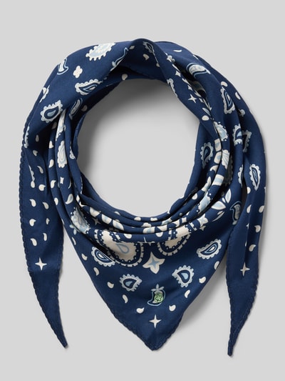 Produktfoto, Schal aus reiner Viskose mit Allover-Paisley-Print von Codello, dunkelblau mit weißem Muster, dreieckige Form, feine Textur, Damen Schal, Bordüre, Breite 30 cm