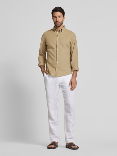 Casual Friday Regular Fit Leinenhemd mit Button-Down-Kragen Modell 'Anton' Hellbraun 1