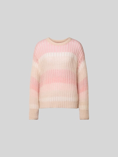 Produktfoto, Relaxed Fit Pullover mit Alpaka-Anteil von Juvia, Damen Pullover im Material-Mix mit Alpaka-Anteil, Strick-Optik, Lochmuster, Rundhalsausschnitt und elastische Abschlüsse, Rückenlänge bei Größe S 63 cm, Farbmix aus Beige, Weiß und Rosa, strukturierte Textur.
