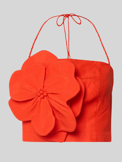 Produktfoto, Crop Top aus Leinen-Viskose-Mix mit floraler Applikation von Forever New in kräftigem Orange, strukturierte Oberfläche, Damen Top