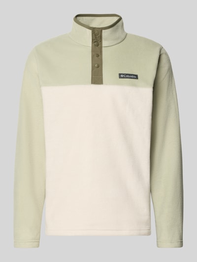Productfoto, Fleecepullover mit Stehkragen und Label-Detail van COLUMBIA in lichtgroen en crème, regular fit, model 'STEENS MOUNTAIN', knoopsluiting, labeldetail, ruglengte maat M 70 cm, mouwlengte maat M 66 cm