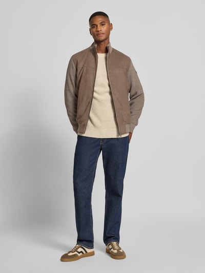 bugatti Gebreid jack met suède aan de voorkant en opstaande kraag Taupe - 1