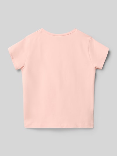 Produktfoto, T-Shirt mit floralem Stitching von Mayoral, Kinder T-Shirt aus Baumwoll-Elasthan-Mix, Gerader-Schnitt, Rundhalsausschnitt, Rückenlänge bei Größe 116: 41 cm, zartes Rosa, glatte Struktur