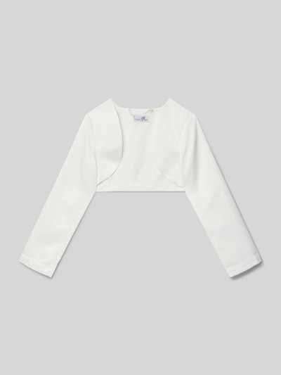 Produktfoto, Bolero aus Satin mit offener Vorderseite van Happy Girls, wit, cropped, satijnglans, rechte vormen, egale textuur.