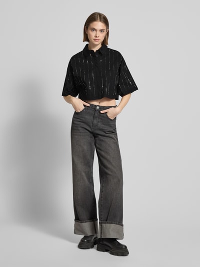 Karo Kauer Cropped Bluse mit Ziersteinbesatz Black 1