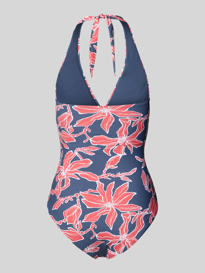 Frauenmodel trägt Badeanzug mit Neckholder Modell 'Camolo' von Barts im Material-Mix mit Stretch-Anteil, florales Muster, Ganzkörperansicht Rückansicht.