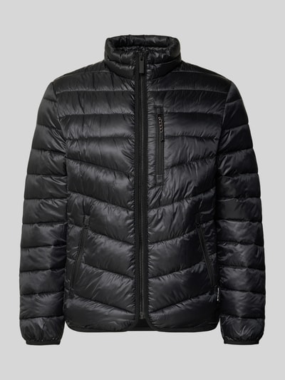 Produktfoto, Regular Fit Steppjacke mit Stehkragen von Tom Tailor, czarna, jednolita, krój regular fit, stójka, pikowana, zamek, label stitching, label patch, kontrastowy pasek, długie rękawy, elastyczne mankiety i dół, wodoodporna, chroniąca przed zimnem, boczne kieszenie na zamek, kieszeń na piersi