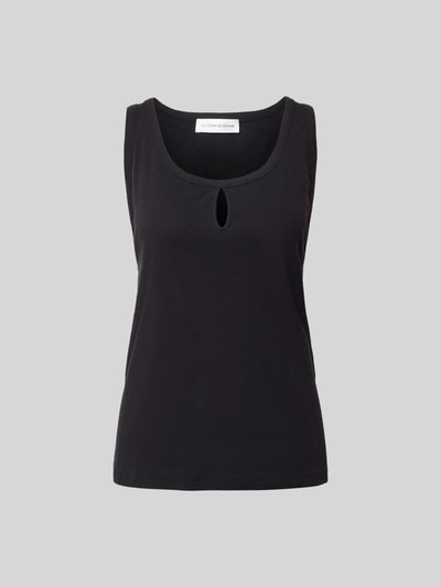 Produktfoto, Regular Fit Top mit Leinen-Anteil von Victoria Beckham in Schwarz, ärmelloses Design, tiefer Rundhalsausschnitt, Cut-Out, Baumwoll-Mix mit Leinen-Anteil, glatte Textur.