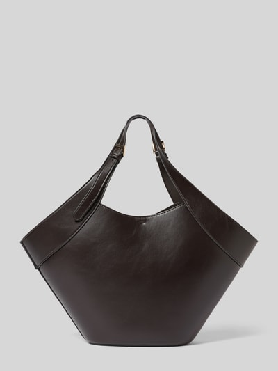 Produktfoto, Handtasche mit verstellbaren Tragehenkeln von Mango in Dunkelbraun, Hauptfach mit Hakenverschluss, Innenfach, Tunnelzug, Maße: Breite 49 cm, Länge 25 cm, Tiefe 14 cm, Länge Schulterriemen 44 cm, glatte Struktur
