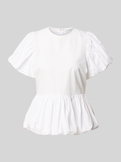 Produktfoto, Blusenshirt mit Puffärmeln von Copenhagen Muse, biała bawełna, taliowany krój, okrągły dekolt, bufiaste rękawy, marszczenia, zamek błyskawiczny z tyłu, długość tyłu w rozmiarze S: 58 cm, długość rękawów w rozmiarze S: 18 cm