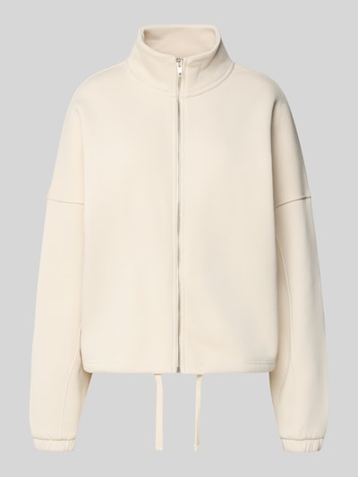 Produktfoto, Sweatjacke mit Stehkragen und Reißverschluss von aim'n aus cremefarbenem Baumwoll-Mix mit Relaxed-Fit und Tunnelzug.
