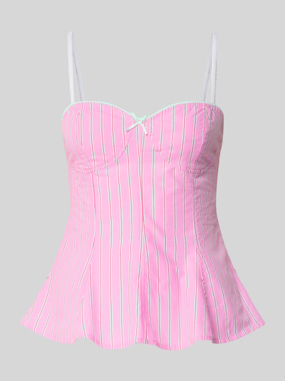 Produktfoto, Slim Fit Top mit Zierschleife von Gina Tricot, Damen Top in Rosa mit weißen Streifen, Reine Baumwolle, Spaghettiträger, Rückenlänge 32 cm in Größe S