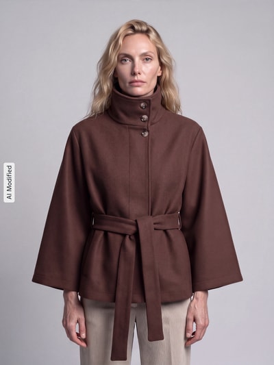 PIECES Loose fit poncho met bindceintuur model 'AIKEN' Chocoladebruin - 4