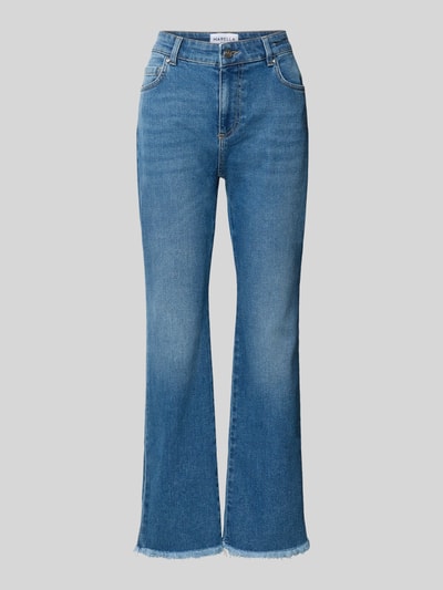 Produktfoto, Flared Fit Jeans aus Baumwoll-Mix in verkürzter Passform von Marella, 5-Pocket-Design, mittleres Blau, strukturierte Textur