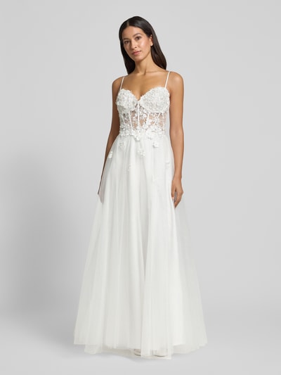 Luxuar Abendkleid mit Perlen und Spaghettiträgern Offwhite 4
