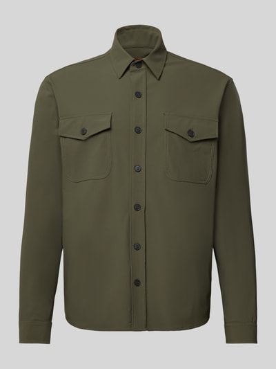 Produktfoto, Hemdjacke mit Knopfleiste von CRUNA in Olivgrün, gerade Form, Kentkragen, Brusttaschen, Material-Mix mit Stretch-Anteil