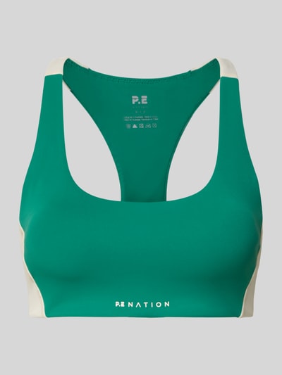 Produktfoto, Slim Fit Sport BH mit Logo-Detail von P.E Nation, elastischer Material-Mix, grün mit weißen Akzenten, herausnehmbare Cups