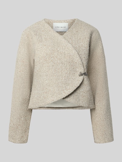 Produktfoto, cremefarbener Blazer in Bouclé-Optik mit Woll-Anteil, gerade Passform, Label-Detail, CPH MUSE, strukturierte Oberfläche