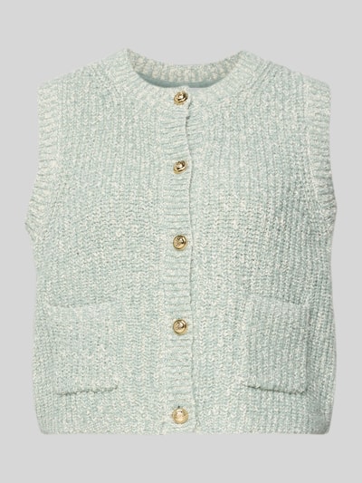 Produktfoto, Strickweste Melange Effekt mit Schmuckknopf von Christian Berg Woman in Mint mit goldfarbenen Knöpfen, gerippte Abschlüsse, Rundhalsausschnitt, Baumwoll-Mix, Regular Fit, Eingrifftaschen, sichtbare Melangestruktur