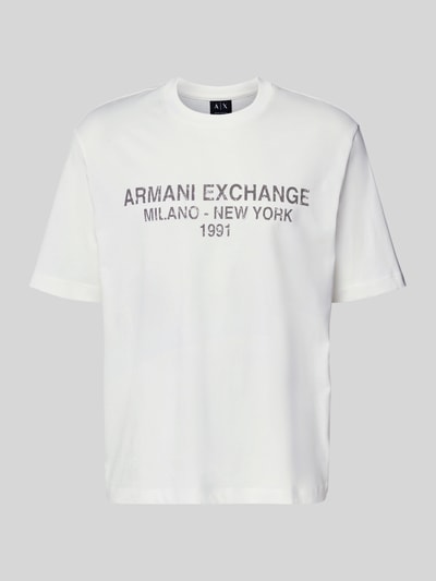 Produktfoto, T-Shirt mit Label-Print und Rundhalsausschnitt von Armani Exchange aus reiner Baumwolle in Weiß, Relaxed Fit, glatte Textur