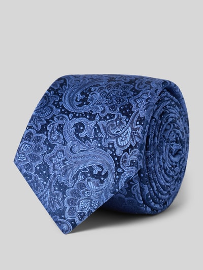 Produktfoto, Seidenkrawatte mit Paisley-Muster von MONTI in Blau, klassische Form, feine Textur, Label-Detail, Breite 7 cm, reine Seide