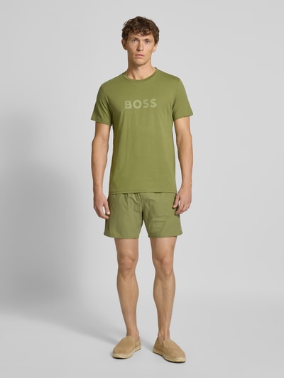 BOSS Relaxed Fit Badeshorts mit Label-Print Modell 'Iconic' Khaki 1