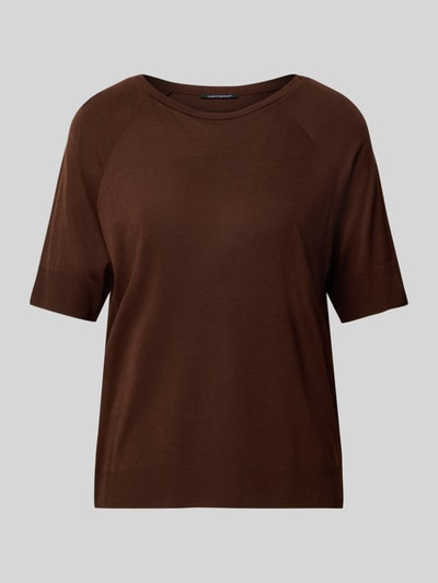 Produktfoto, braunes Shirt aus Lyocell-Mix von Luisa Cerano mit Baumwoll-Anteil, lockere Passform, Rundhalsausschnitt, Raglanärmel, Halbarm, Rückenlänge 54 cm bei Größe 36, glatte Textur