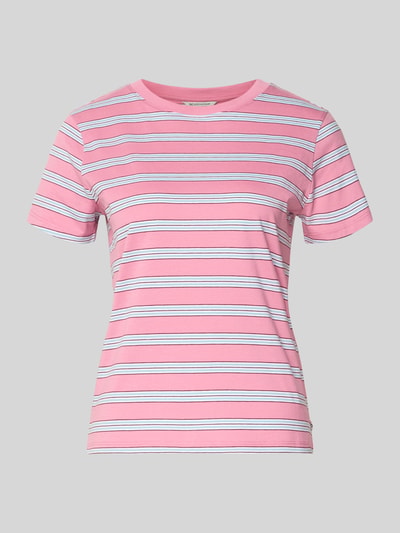 Produktfoto, Regular Fit T-Shirt aus reiner Baumwolle von Tom Tailor Denim in rosa-weiß gestreift, kurzarm, Rundhals, Jersey-Optik