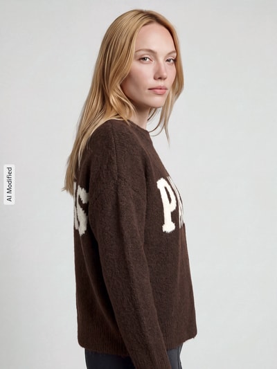 Frauenmodel trägt Relaxed Fit Pullover mit Woll-Anteil Modell 'JERICO' von ONLY in Dunkelbraun mit weißem Schriftzug, Seitliche Nahaufnahme Oberkörper, Damen Pullover von ONLY, KI-modifiziertes Bild.