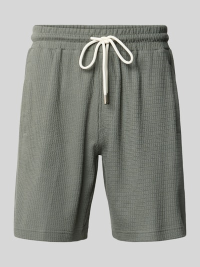 Produktfoto, Shorts mit Strukturmuster Modell 'BRIKKO' von Drykorn in Grün, Reine Baumwolle, Regular-Fit, elastischer Bund, Tunnelzug, Eingrifftaschen, Bundweite 39 cm, Innenbeinlänge 20 cm, Herren