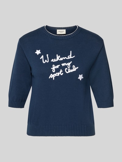 Produktfoto, Regular Fit Strickshirt aus Baumwoll-Mix Modell 'WKDFIACRE' von Weekend Max Mara, dunkelblau mit weißem Schriftzug und Sternen, Damen Strickshirt von Max Mara