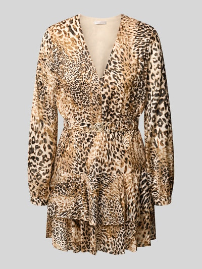 Produktfoto, Minikleid mit Gürtel Modell 'CLARISSE' von GUESS im Leopardenmuster, V-Ausschnitt, Stufen-Look, taillierter Schnitt, Material-Mix