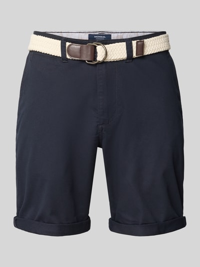 Produktfoto, Bermudas mit Gürtel und Eingrifftaschen von MCNEAL, Dunkelblau, Baumwoll-Mix mit Stretch-Anteil, Straight Fit, Knopf- und Reißverschluss, Saum mit Aufschlag, Gesäßleistentaschen, Bundweite 46 cm, Innenbeinlänge 20 cm, Größe M.