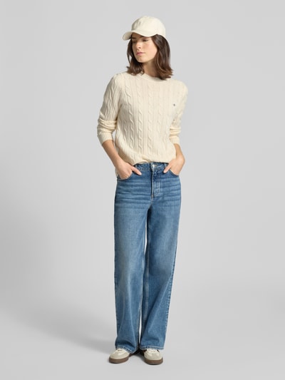 Gant Strickpullover mit Zopfmuster und Label-Stitching Offwhite 1