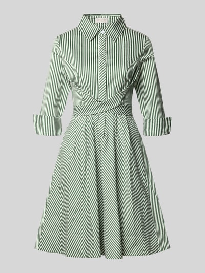 Productfoto, Hemdblusenkleid mit Kentkragen van Apricot, groen-wit gestreept, katoen-elastaan mix, midijurk, taillering, knoopsluiting, tailleband, 3/4-mouw